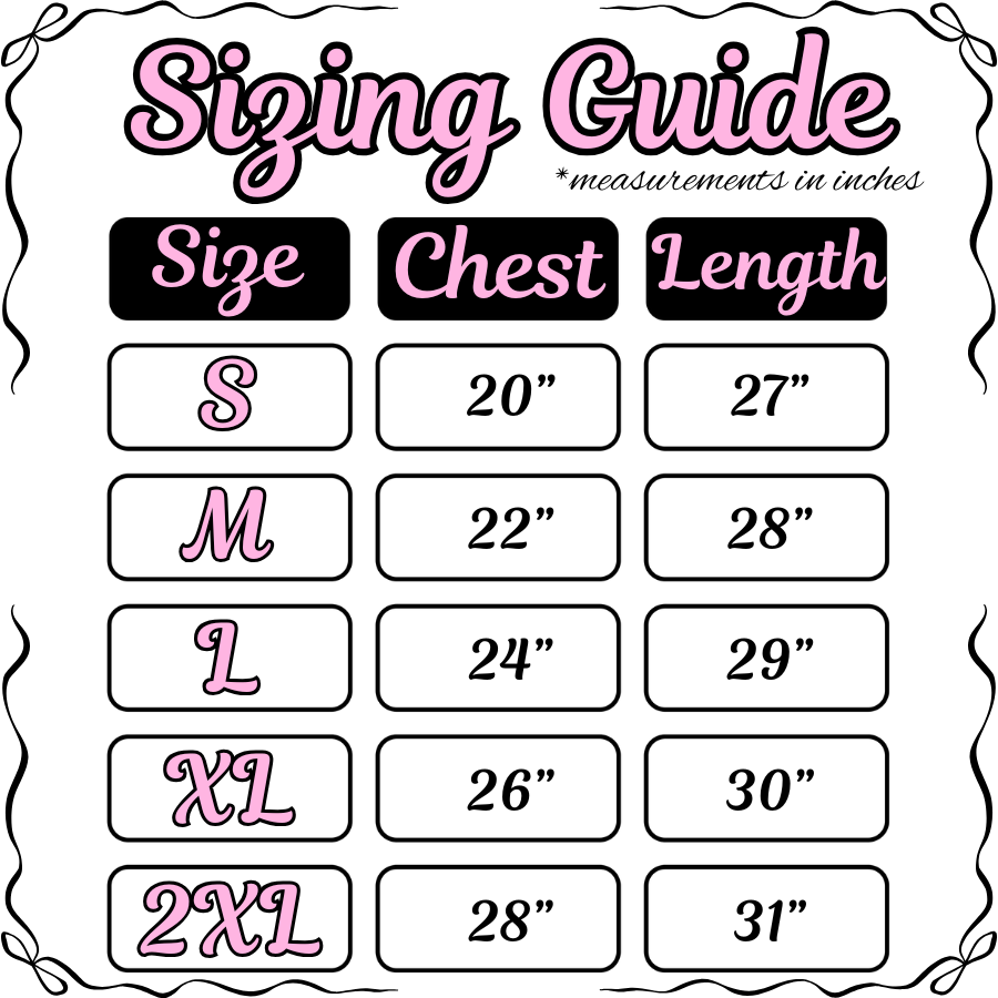 Sizing chart for clothing measurements in inches with size labels.