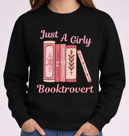 Black sweatshirt with pink text and book illustrations on a white background